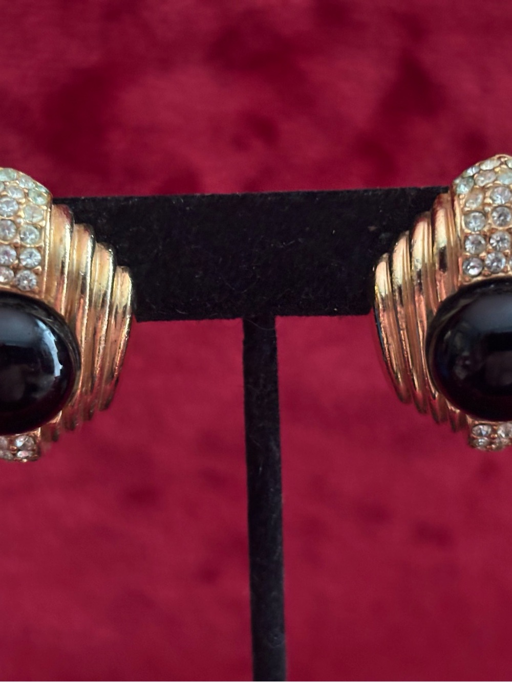 Vintage Ciner Gold-Tone Black Cabochon and Crystal Clip-On Earrings